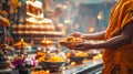 Buddhist devotee offering rituals in temple ceremony Royalty Free Stock Photo