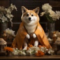 Buddhist dog, animal worship, funny corgi illustration with folded paws in prayer. red cute dog monk.