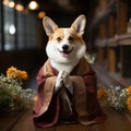 Buddhist dog, animal worship, funny corgi illustration with folded paws in prayer. red cute dog monk.