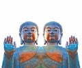 Buddhist god in an Abhaya mudra. An oxidized ancient statue of Lord Buddha with effect. Buddha figure holding up a right Royalty Free Stock Photo