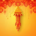 Buddhist golden bell hanging on festival background with orange marigold flowers. Ritual hand bell in Buddhist temple Royalty Free Stock Photo