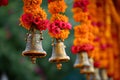 Buddhist golden bell hanging on festival background with orange marigold flowers. Ritual hand bell in Buddhist temple Royalty Free Stock Photo
