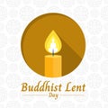 Buddhist lent day banner with yellow candle light and Buddha sign in circle on white lotus texture background vector design