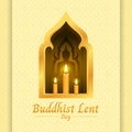 Buddhist lent day banner with yellow candle light and Buddha sign in gold window on soft yellow texture background vector design
