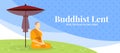 Buddhist lent day, With the peace in your mind text - the monk meditated on floor glass and monk umbrella on blue texture