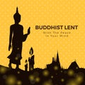 Buddhist lent day with silhouette Buddha standing , candle light and temple on yellow flower cross texture background vector