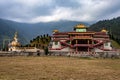Buddhist monastery at himalayan mountain foothills at evening from unique perspective