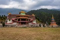 Buddhist monastery at himalayan mountain foothills at evening from unique perspective