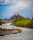 buddhist monastery of ladakh river view blue sky