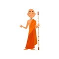 Buddhist monk cartoon character in orange robe standing with wooden stick vector Illustration on a white background