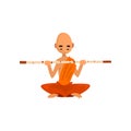 Buddhist monk cartoon character sitting in lotus position with wooden stick vector Illustration on a white background