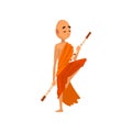 Buddhist monk cartoon character training with wooden stick in orange robe vector Illustration on a white background