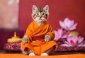 A Buddhist monk cat with typical Tibetan clothes in orange color