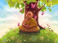 Buddhist monk in deep Samadhi meditation in yellow clothes sits under the bodhi tree. Yogi Buddha in concentration on retreat