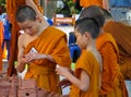 Buddhist young monks doing handcrafts in the temple yard