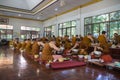 The buddhist monk have breakfast given by people who want to make great merit