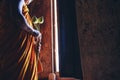 A Buddhist monk holding a lotus flower used for rituals of Buddhism