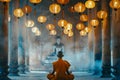 A Buddhist monk inside a temple, positioned before a Buddha statue