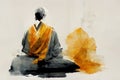 Buddhist monk meditating, abstract watercolor background