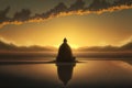 Buddhist monk meditating on calm lake at morning sunrise