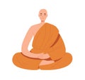 Buddhist monk meditating in lotus pose. Meditation and zen in buddhism. Bald man in orange robe at spiritual practice