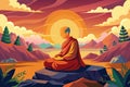 Buddhist monk meditating on mountain at sunrise. Spiritual contemplation with breathtaking landscape. Concept of