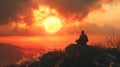 Buddhist monk meditating on mountain at sunrise. Spiritual contemplation with breathtaking landscape. Concept of