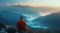 Buddhist monk meditating in the mountains rear view Royalty Free Stock Photo