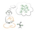 Buddhist monk and money tree. Dream of wealth. Investments. Sketch. Vector Royalty Free Stock Photo