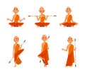 Buddhist Monk in Orange Robe with Stick in Different Poses Vector Set