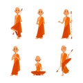 Buddhist Monk in Orange Robe with Stick in Different Poses Vector Set