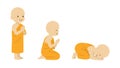 Buddhist Monk Prostration Set 2D Flat style.Young Monk Prayer Positions Standing, Kneeling, and Prostrating.Buddhist Devotion and Royalty Free Stock Photo