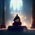 Buddhist monk reading a book in a mosque. 3d rendering AI generated