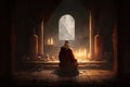 Buddhist monk sits inside old dark temple and worships holy, generative AI Royalty Free Stock Photo