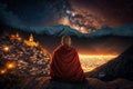 Buddhist monk sits on mount and looks at city and mountains at night, generative AI Royalty Free Stock Photo