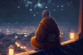 Buddhist monk sits on temple roof and looks at city and mountains at night, generative AI