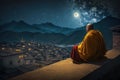 Buddhist monk sits on temple roof and looks at city and sky at night, generative AI