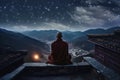 Buddhist monk sits on temple roof and looks at starry sky at night, generative AI