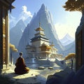 Buddhist monk sitting in front of a Buddhist temple in China AI generated