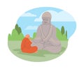 Buddhist monk in lotus position praying to Buddha statue on nature landscape, Buddhism religion, vector Tibetan monk Royalty Free Stock Photo