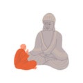Buddhist monk in lotus position praying to Buddha statue, Buddhism religion, flat vector Tibetan monk in a robe isolated