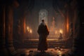 Buddhist monk stands inside old dark temple and worships holy site, generative AI