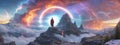 Buddhist monk stands on mountaintop facing the future cycle Universe, . AI generate