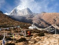 Buddhist monk, stupa and prayer flags near Pangboche Royalty Free Stock Photo