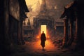 Buddhist monk walking at old temple at sunset, ancient oriental architecture, generative AI