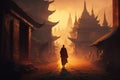 Buddhist monk walking at old temple at sunset, ancient oriental architecture, generative AI