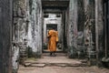 Buddhist monks in Angkor wat temple complex in Cambodia, Siem Reap Buddhist temple