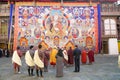 Buddhist monks and bhutanese people at the Trongsa Dzong, Trongsa, Bhutan