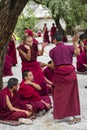 Buddhist monks` debating practice Ã¯Â¼Åa monk is clapping , drastic debating , Tibet