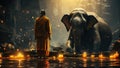 Buddhist Monks and Elephants in the forest. Generative Ai